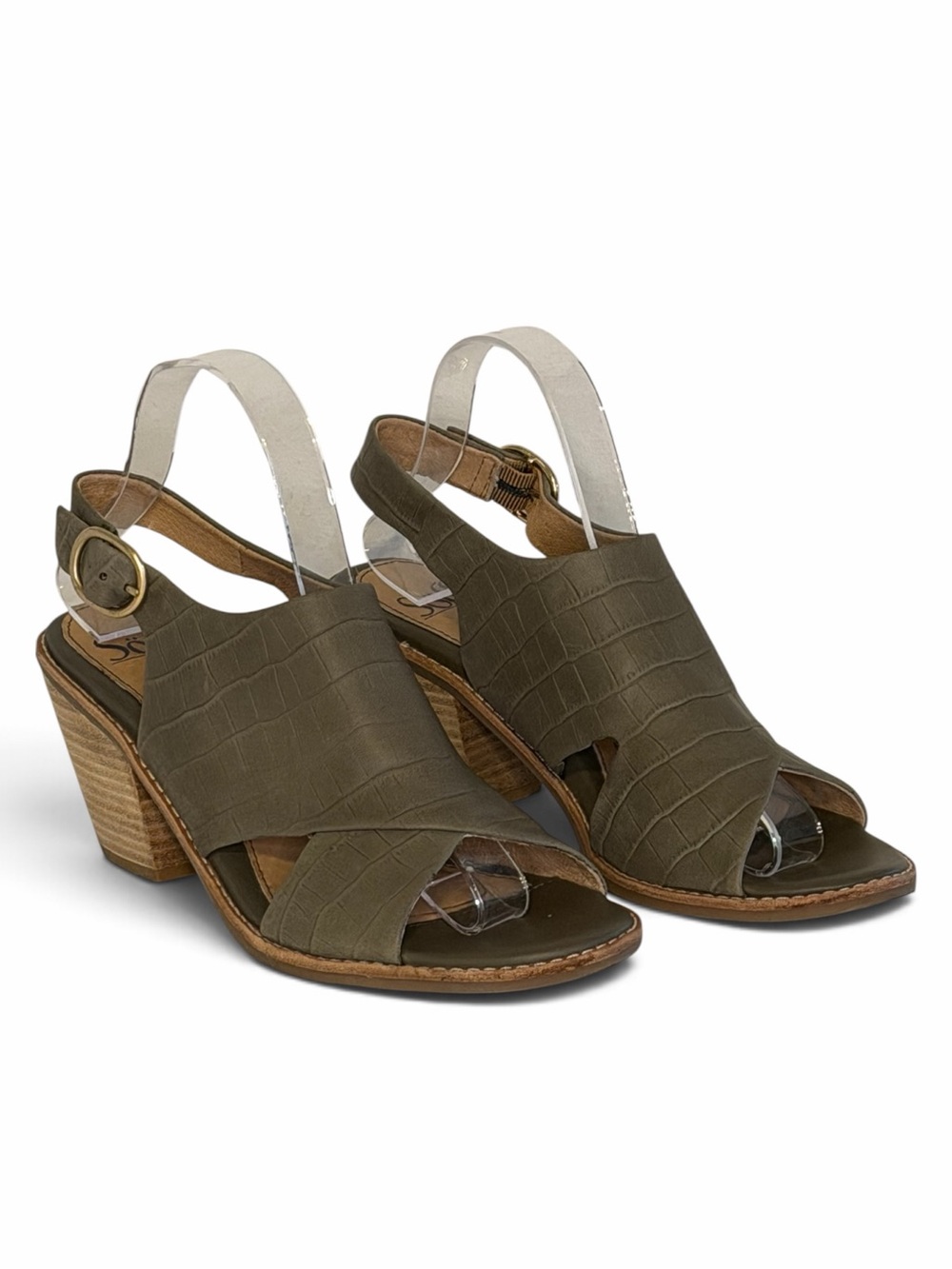 Söfft Mendi Croc Embossed Leather Heeled Sandals Olive Green Gray Size 9